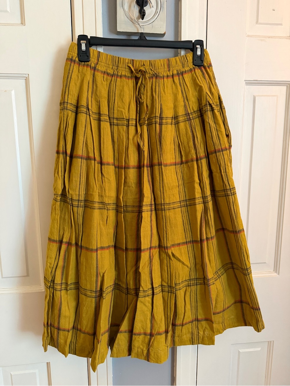Plaid Midi Skirt with Drawstring Waist in Mustard Yellow